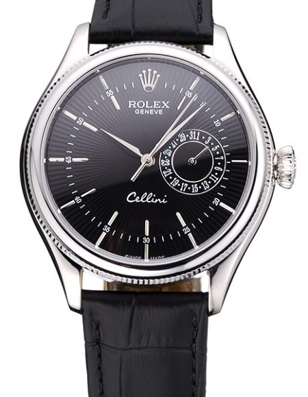 Rolex Cellini Black Dial Stainless Steel Case Black Leather Bracelet  622724