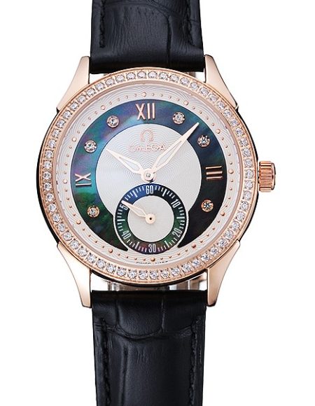 Omega DeVille Prestige Black Dial Gold Diamond Case Black Leather Bracelet  1454123