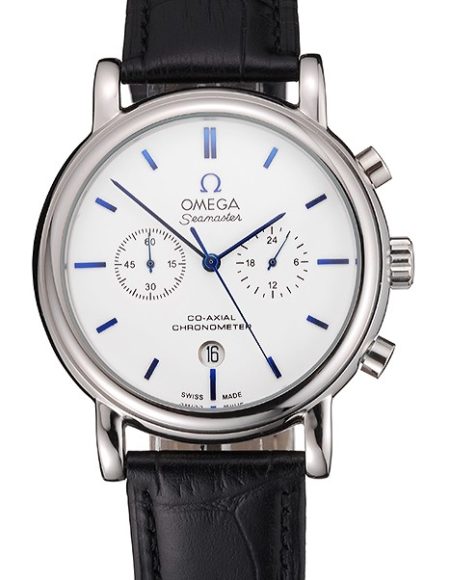 Omega Seamaster Vintage Chronograph White Dial Blue Hour Marks Stainless Steel Case Black Leather Strap