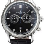 Patek Philippe Chronograph Black Dial With Diamonds Stainless Steel Case Black Leather Strap