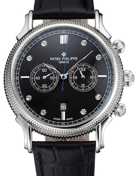 Patek Philippe Chronograph Black Dial With Diamonds Stainless Steel Case Black Leather Strap