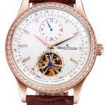Jaeger-LeCoultre Master Tourbillon Dualtime White Dial Gold Case With Diamonds Brown Leather Strap  622782