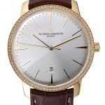 Swiss Vacheron Constantin Patrimony White Dial Gold Diamond Case Brown Leather Bracelet 1454180