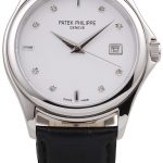 Patek Philippe Geneve Calatrava Crystal Studded Hour Marker White Dial Black Leather Strap