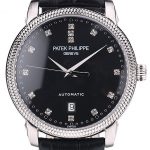 Patek Philippe Swiss Calatrava Ribbed Bezel Black Dial Black Leather Strap 7661