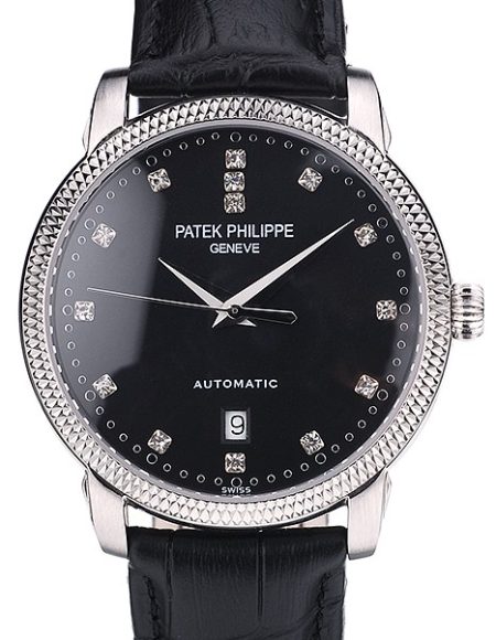 Patek Philippe Swiss Calatrava Ribbed Bezel Black Dial Black Leather Strap 7661