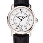 Cartier Ronde White Dial Diamond Hour Marks Stainless Steel Case Black Leather Strap