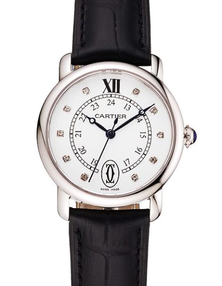 Cartier Ronde White Dial Diamond Hour Marks Stainless Steel Case Black Leather Strap