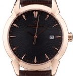 Swiss Vacheron Constantin Traditionnelle Black Dial Rose Gold Case Brown Leather Bracelet