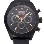Tudor Fastrider Black Shield Black Dial Gold Markings Black Case Black Rubber Strap