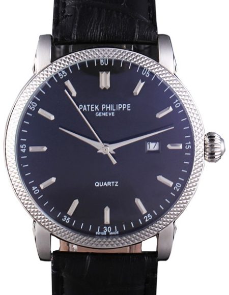 Patek Philipe Calatrava Stainless Steel Ribbed Bezel Black Leather Bracelet 801431