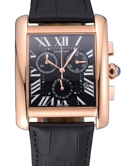 Cartier Tank MC Black Dial Gold Case Black Leather Bracelet  622694