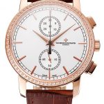 Swiss Vacheron Constantin Patrimony Traditionnelle Chronograph White Dial Diamond Bezel Rose Gold Case Brown Leather Strap 1453764