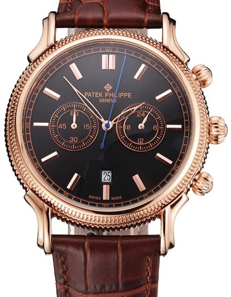 Patek Philippe Chronograph Black Dial Rose Gold Case Brown Leather Strap