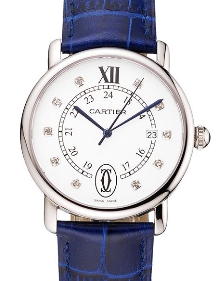 Cartier Ronde Solo White Dial Diamond Hour Marks Stainless Steel Case Blue Leather Strap
