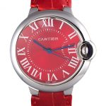 Cartier Ballon Bleu Silver Bezel with Red Dial and Red Leather Band   621556