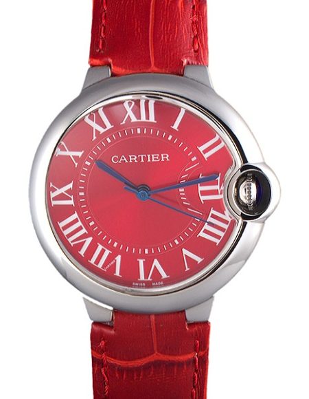 Cartier Ballon Bleu Silver Bezel with Red Dial and Red Leather Band   621556