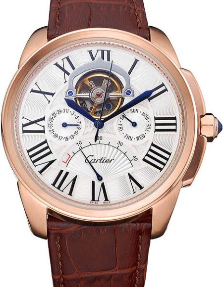Cartier Calibre Tourbillon White Dial Gold Case Brown Leather Strap  622753