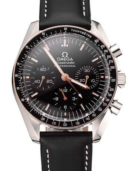 Swiss Omega Speedmaster Professional Black Dial Gold Accents Black Leather Bracelet 1453937