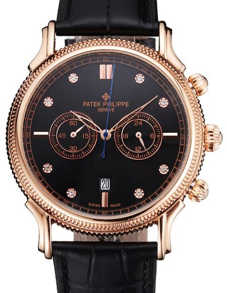 Patek Philippe Chronograph Black Dial With Diamonds Rose Gold Case Black Leather Strap