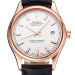 Swiss Rolex Datejust White Dial Rose Gold Case Black Leather Strap