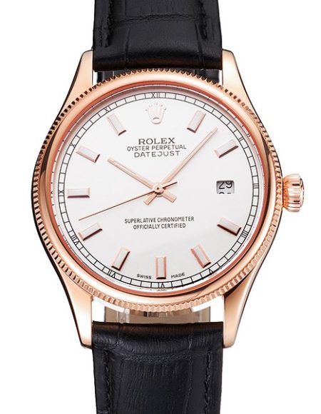 Swiss Rolex Datejust White Dial Rose Gold Case Black Leather Strap
