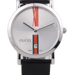 Gucci Large Polished Stainless Steel Bezel White Dial Black Leather Strap