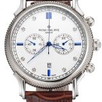 Patek Philippe Chronograph White Dial With Diamond And Blue Markings Stainless Steel Case Brown Leather Strap