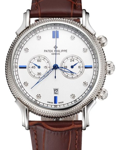Patek Philippe Chronograph White Dial With Diamond And Blue Markings Stainless Steel Case Brown Leather Strap