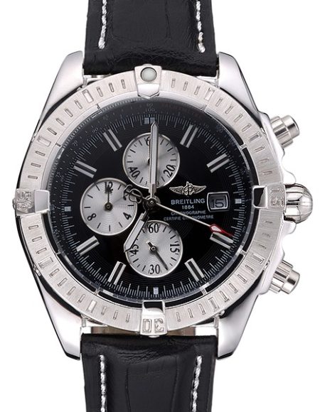 Breitling Chronomat 13 Stainless Steel Case Black Dial Black Leather Bracelet 622237