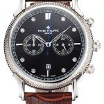Patek Philippe Chronograph Black Dial With Diamonds Stainless Steel Case Brown Leather Strap