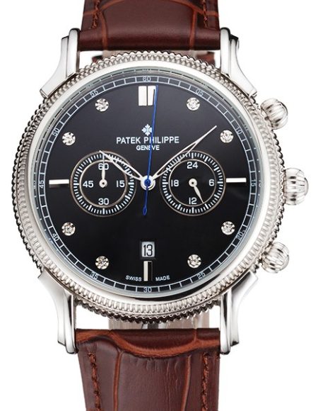 Patek Philippe Chronograph Black Dial With Diamonds Stainless Steel Case Brown Leather Strap