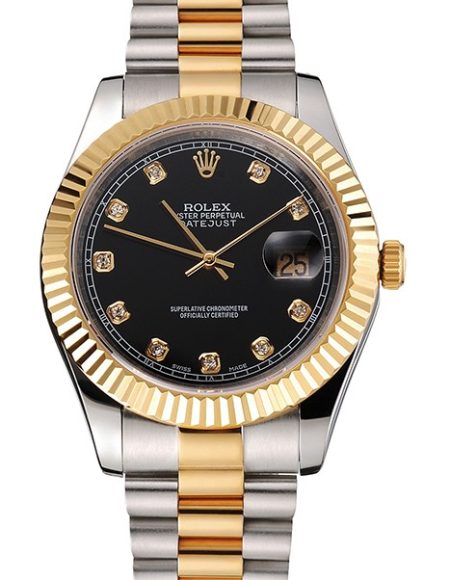Swiss Rolex Datejust Black Dial Stainless Steel Case Gold Bezel Two Tone Bracelet