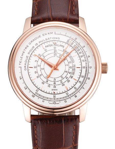 Swiss Patek Philippe Multi-Scale Chronograph White Dial Rose Gold Case Brown Leather Strap