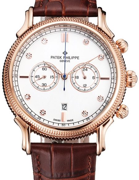 Patek Philippe Chronograph White Dial With Diamonds Rose Gold Case Brown Leather Strap