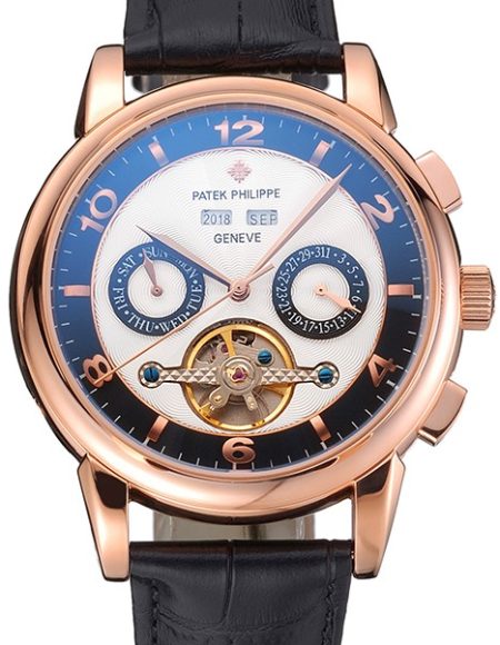 Patek Philippe Perpetual Calendar Tourbillon Two Tone Dial Rose Gold Case Black Leather Strap