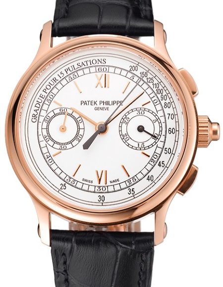 Swiss Patek Philippe 5170J Chronograph White Dial Rose Gold Case Black Leather Strap