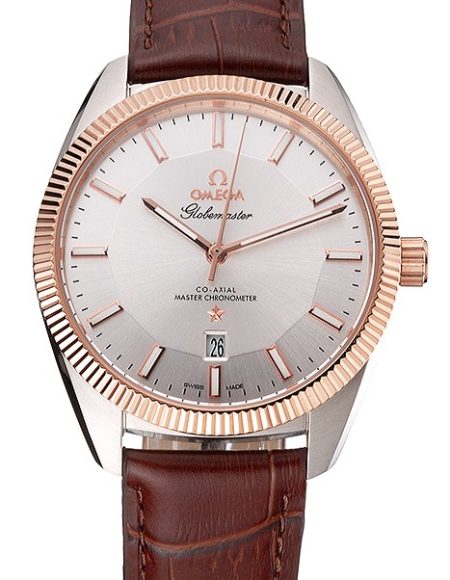 Omega Globemaster Silver Dial Rose Gold Bezel Stainless Steel Case Brown Leather Strap
