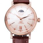 IWC Portofino Moon Phase Silver Dial Rose Gold Case Diamonds Bezel Brown Leather Strap