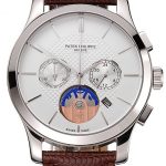 Patek Philippe Chronograph White Dial Stainless Steel Case Brown Leather Strap