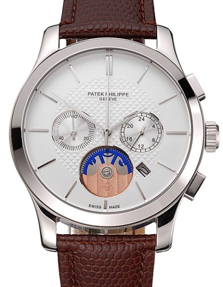 Patek Philippe Chronograph White Dial Stainless Steel Case Brown Leather Strap