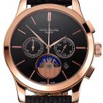 Patek Philippe Chronograph Black Dial Rose Gold Case Black Leather Strap
