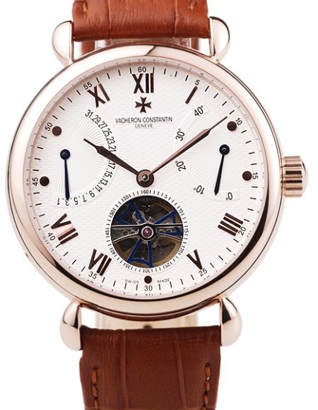 Vacheron Constantin Tourbillion White Dial Rose Gold Case Brown Leather Bracelet