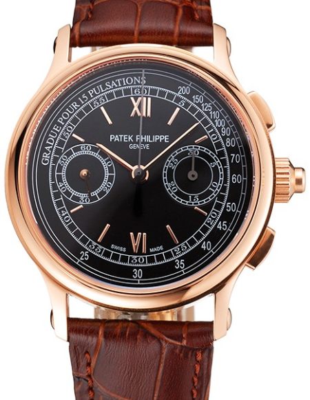 Swiss Patek Philippe 5170J Chronograph Black Dial Rose Gold Case Brown Leather Strap