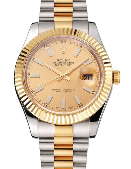 Swiss Rolex Datejust Gold Dial Gold Bezel Stainless Steel Case Two Tone Bracelet
