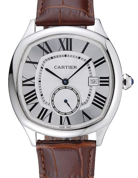 Cartier Drive De Cartier White Dial Silver Case Brown Leather Bracelet 1454210