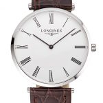 Swiss Longines Grande Classique White Dial Roman Numerals Stainless Steel Case Brown Leather Strap