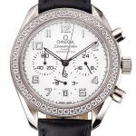 Omega Speedmaster White Dial Stainless Steel Case Diamond Bezel Black Leather Strap