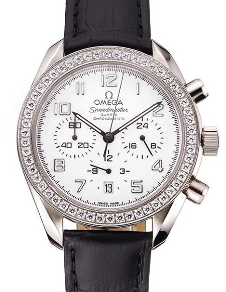 Omega Speedmaster White Dial Stainless Steel Case Diamond Bezel Black Leather Strap