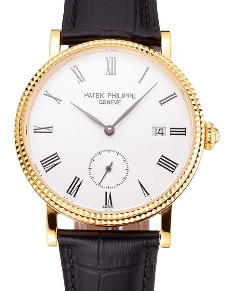 Swiss Patek Philippe Calatrava White Dial Gold Case Fluted Bezel Black Leather Strap